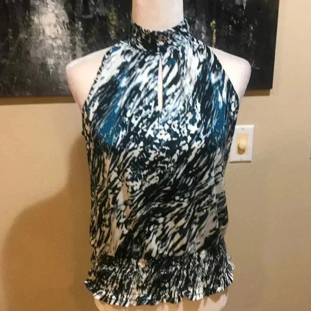 Essential By Milano Blue/Black/White High Neck Halter Top W/Elastic Waist-Size S